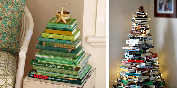 2 imagens de livros empilhados, com forma de árvore de natal como decoração. 