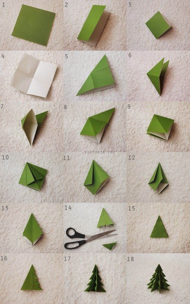 18 imagens ensinando como fazer origami de árvore de natal com papel verde. 